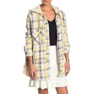 FP We the Free Calico Basin Distressed Yellow & Blue Hoodie Shacket OB9992328 S